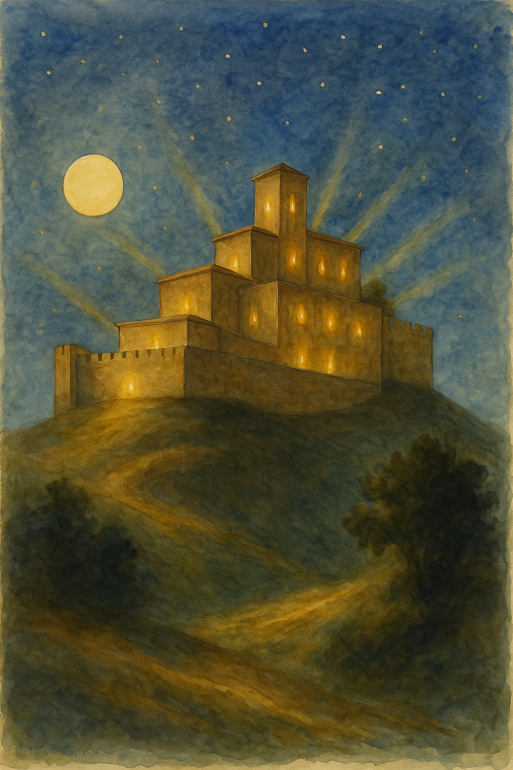 City on a Hill - Watercolor - Scriptures Illustrated